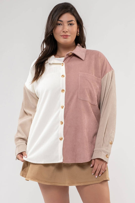 Plus size dusty pink corduroy jacket with colorblock design