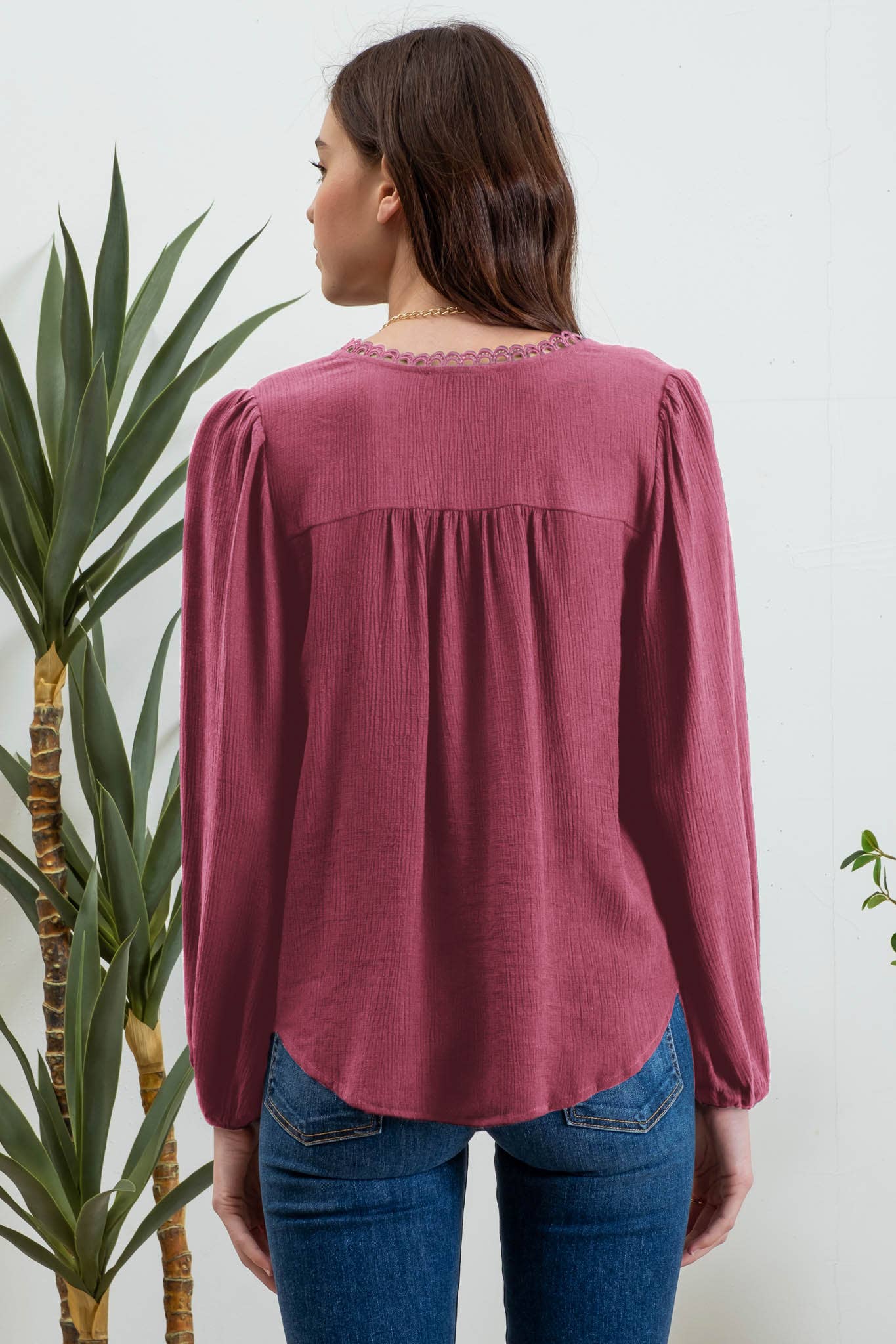 Split neck eyelet lace trim long sleeve top for casual elegance