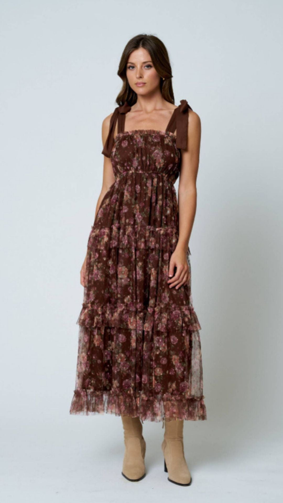 Cocoa Bloom Tiered Midi Dress