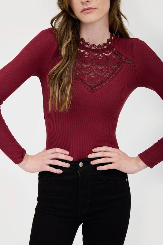 Women's long sleeve knit top with lace neckline detail