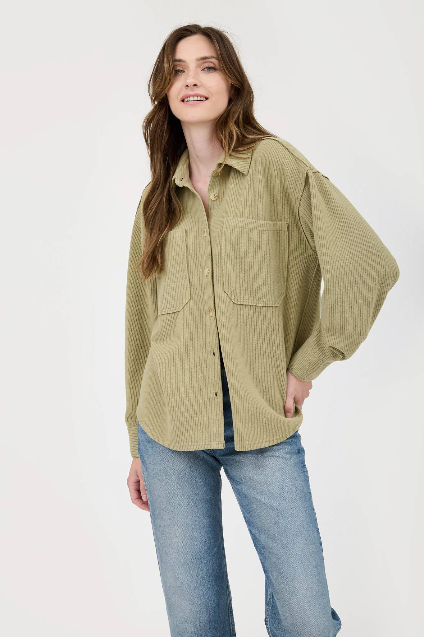 Rib knit exposed seam button-up top in light olive or oatmeal