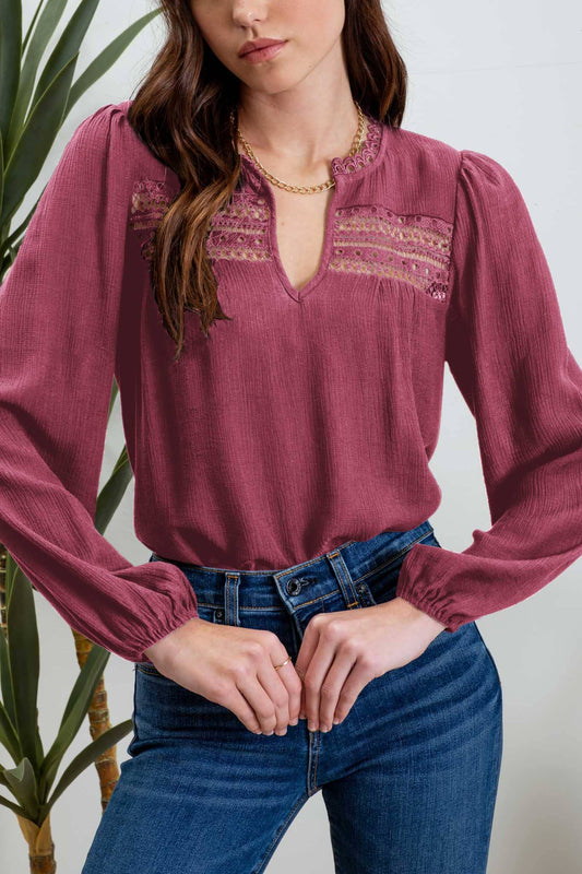 Split neck eyelet lace trim long sleeve top for casual elegance