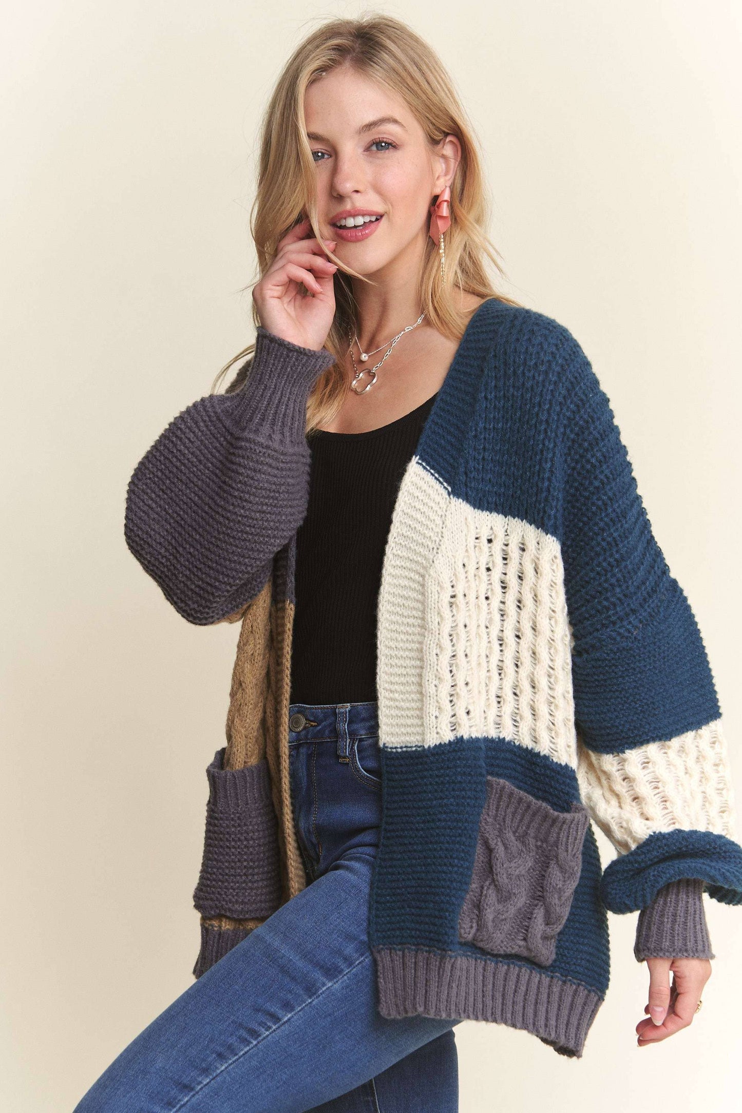 Colorblock sweater cardigan with open front design for women