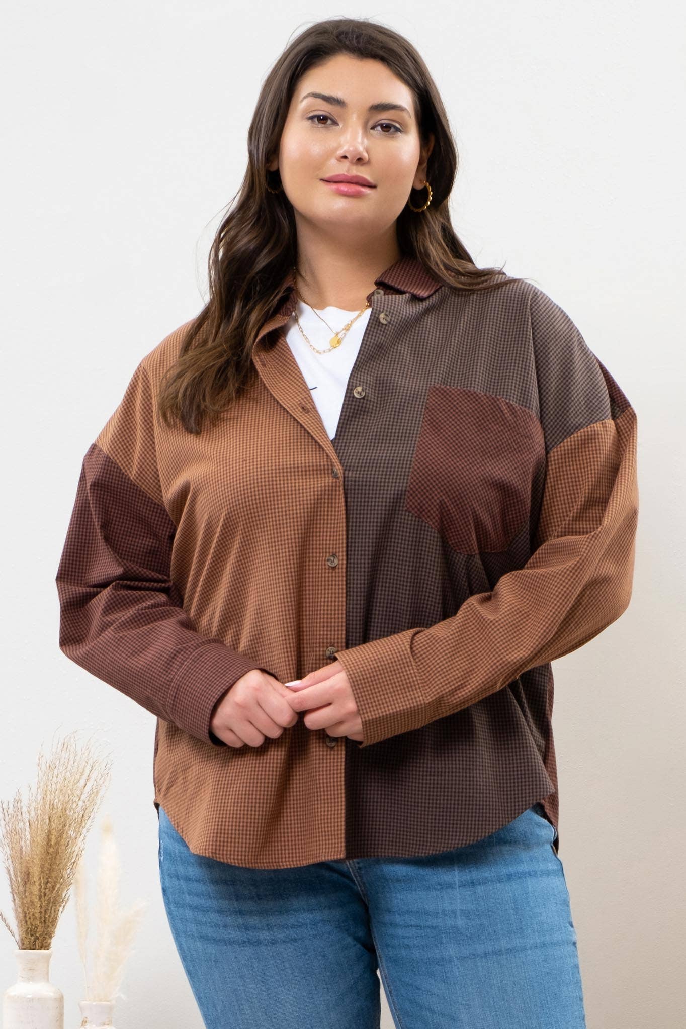 Plus Size Plaid Colorblock Button-Down Top for casual styling