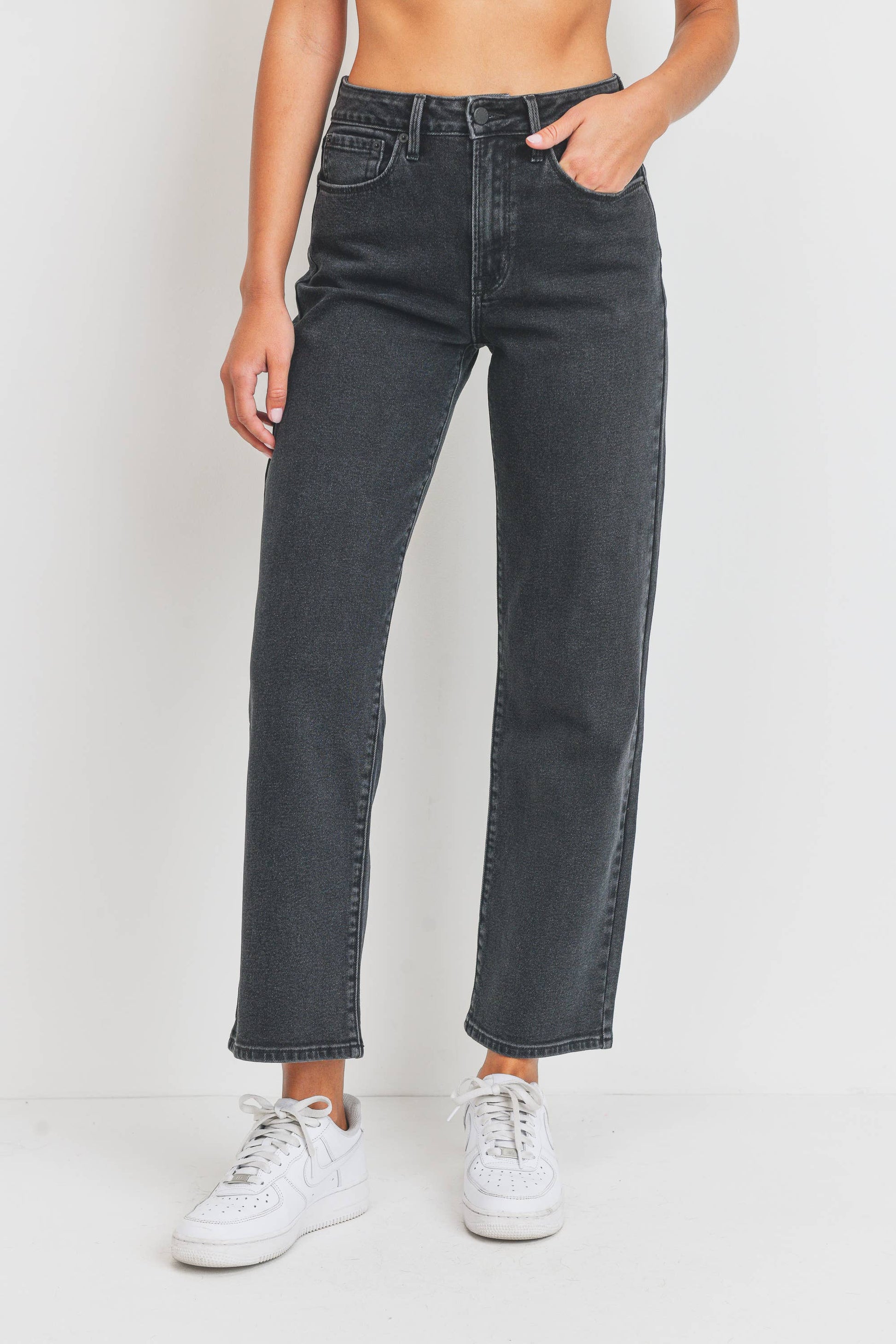 Black relaxed straight leg jeans for women with a classic fit