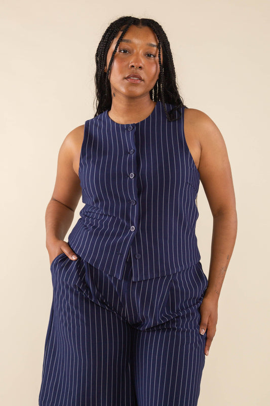 Plus-size high neck pinstripe vest for bold and stylish women