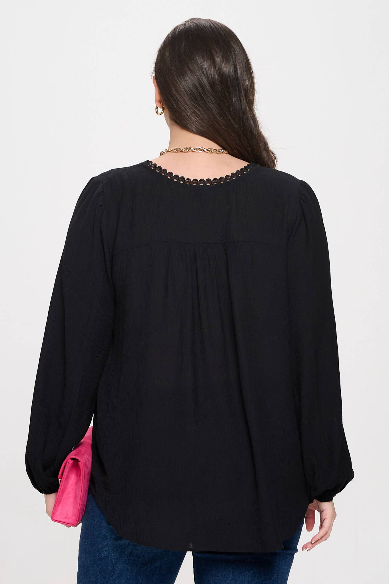 Plus size split neck eyelet trim long sleeve knit top for women