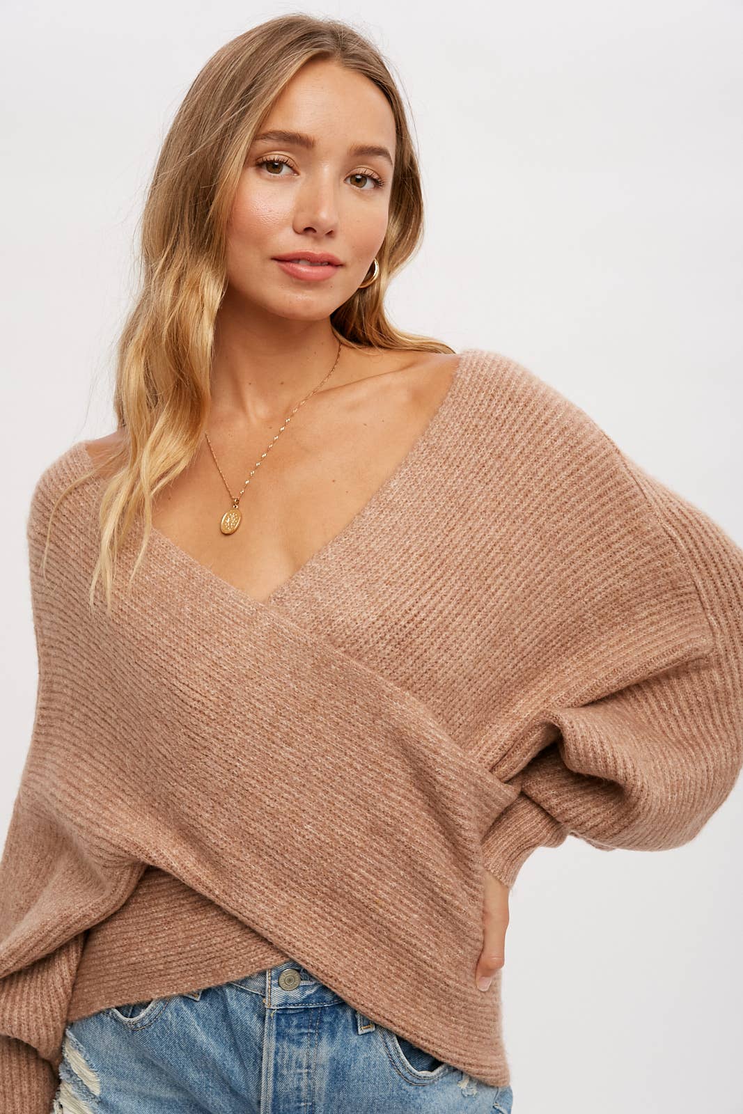 Women's crossover ribbed pullover sweater for stylish layering