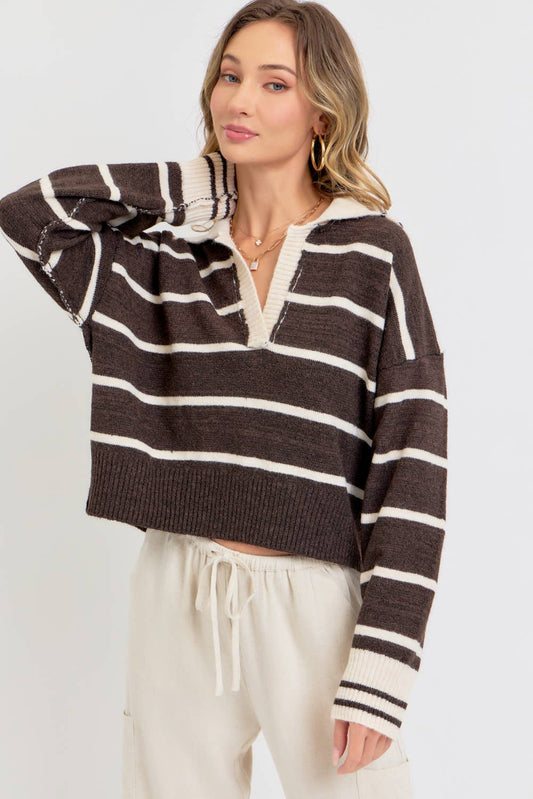 Brown and white striped polo neck sweater for casual style