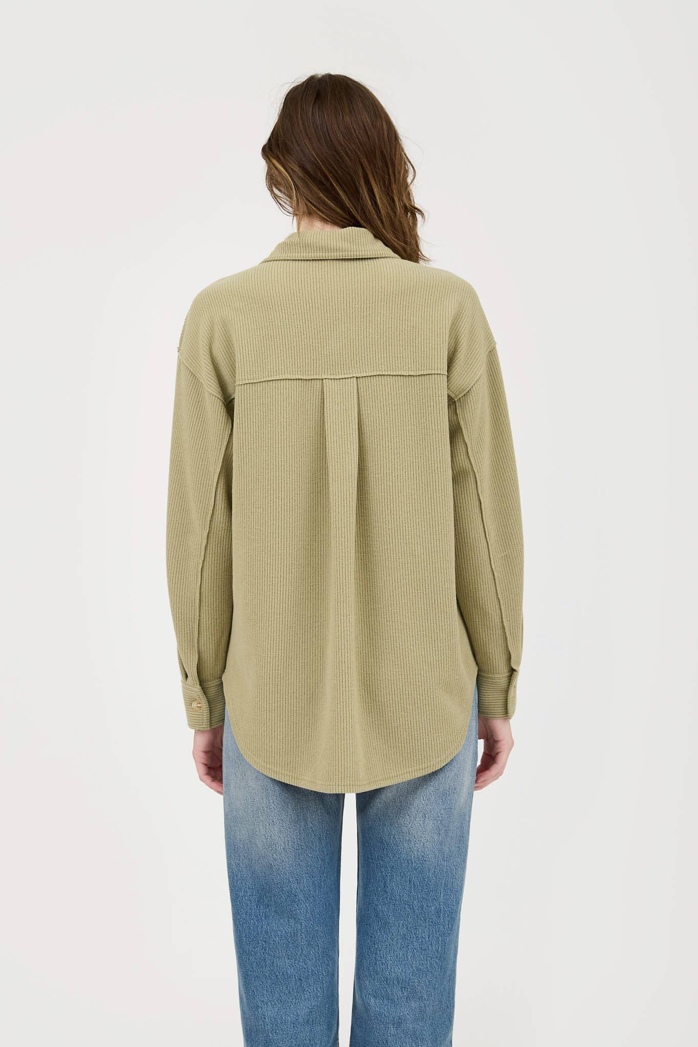 Rib knit exposed seam button-up top in light olive or oatmeal