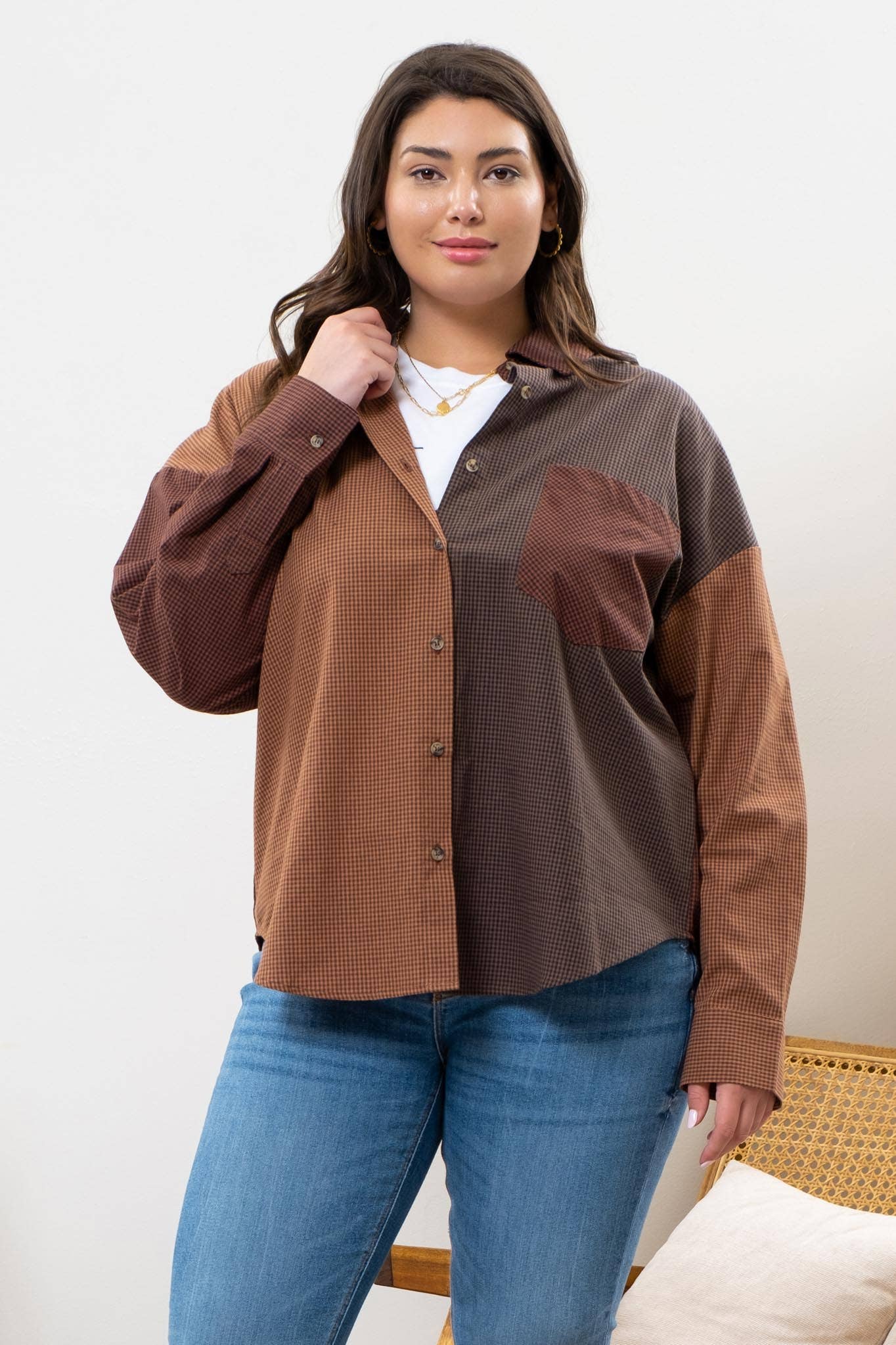 Plus Size Plaid Colorblock Button-Down Top for casual styling