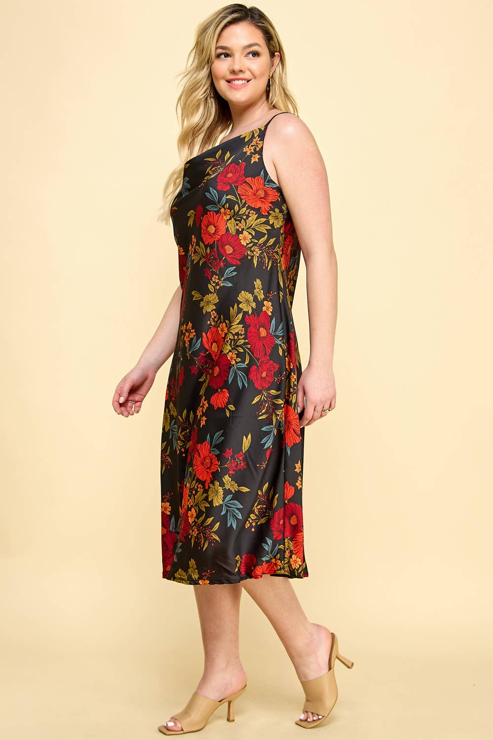 Plus Size Floral Satin Slip Midi Dress with adjustable straps