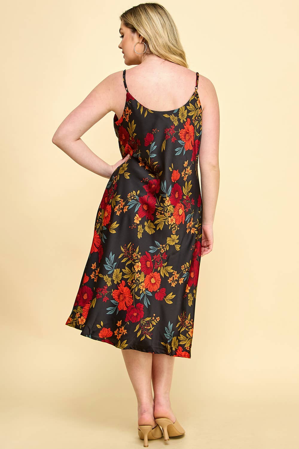 Plus Size Floral Satin Slip Midi Dress with adjustable straps