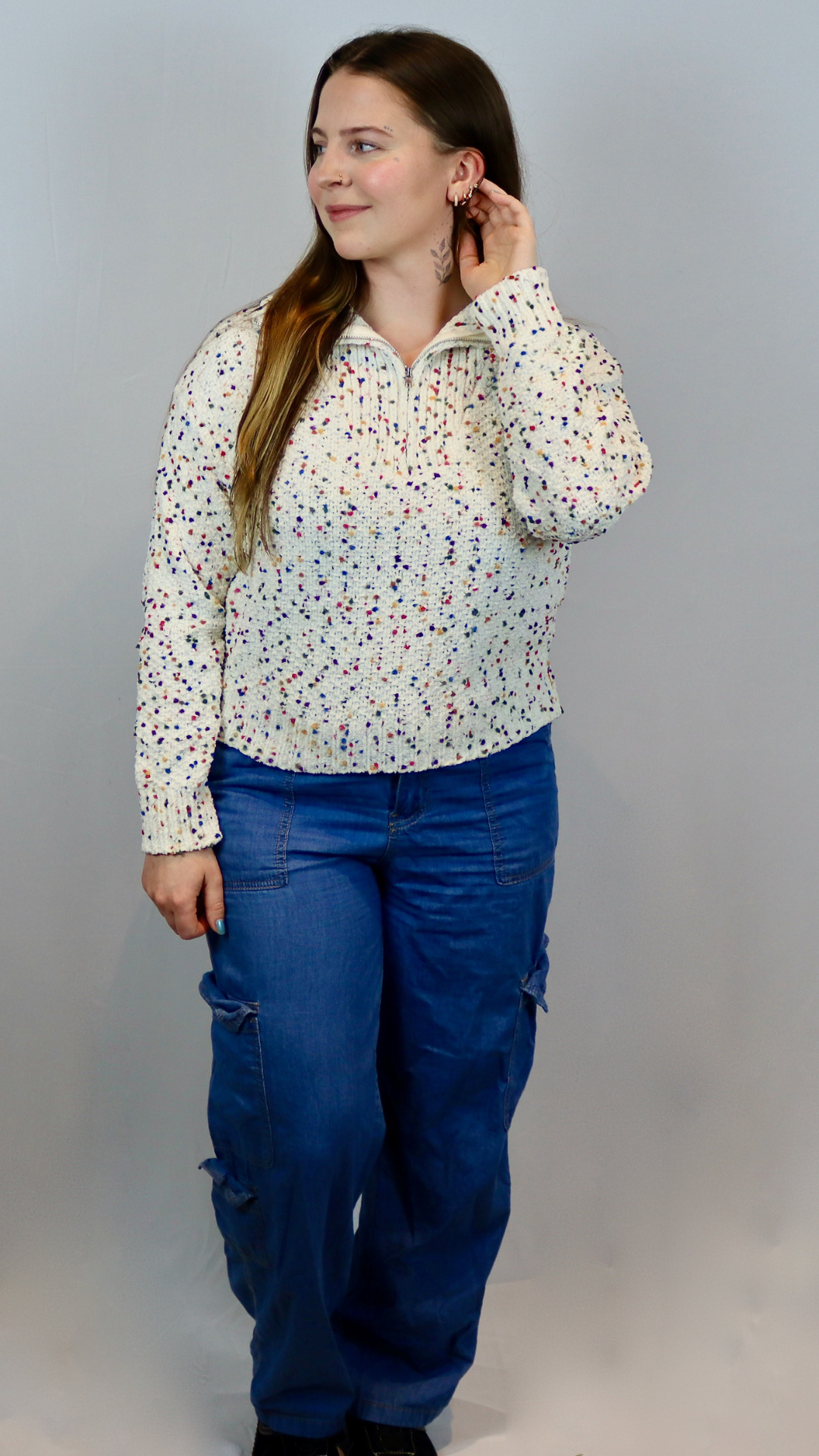 Confetti speckle half-zip pullover sweater shown in a relaxed, casual fit for everyday wear.