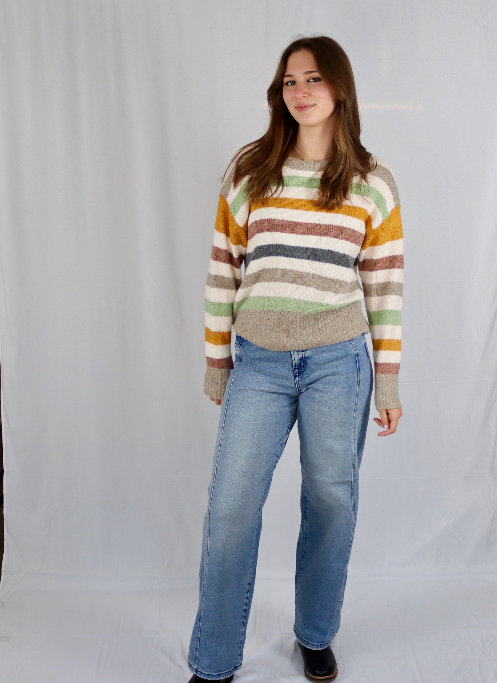 Cozy multicolor stripe sweater with vibrant knit fabric