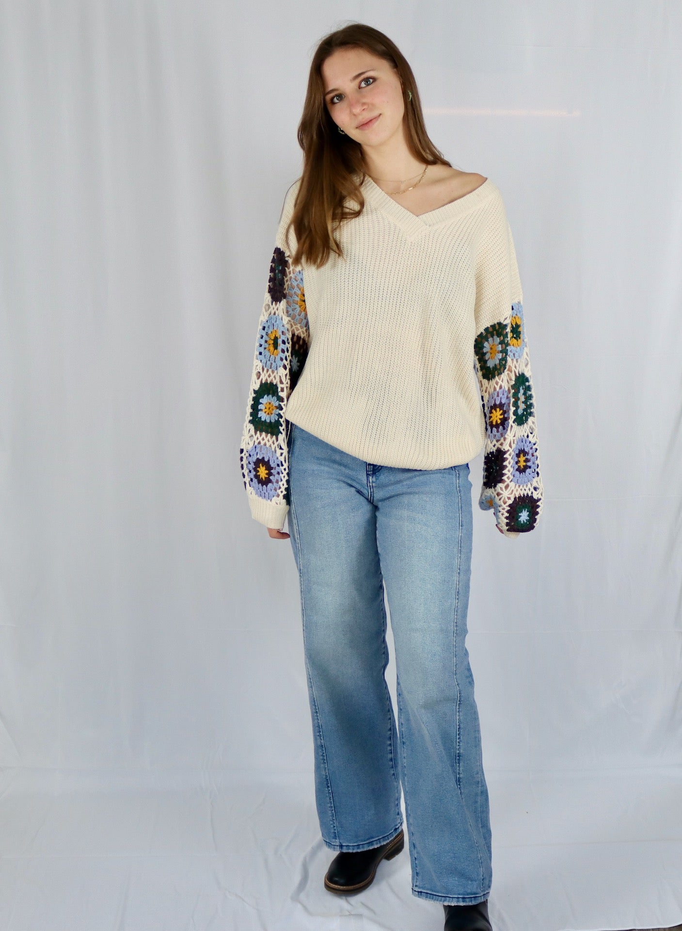 Boho Crochet Patchwork Sweater with textured knit and crochet sleeves