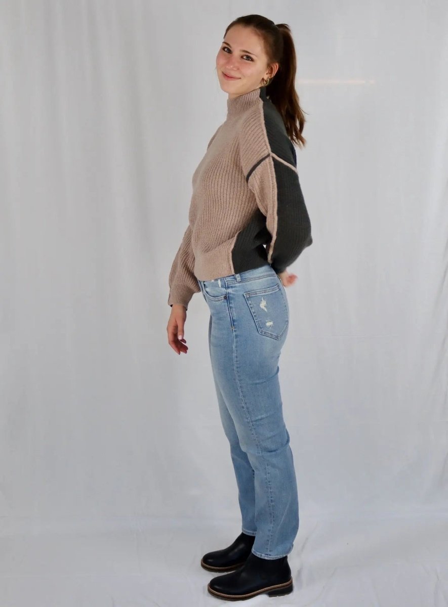 COLORBLOCK MOCK NECK EXPOSED SEAM KNIT SWEATER - U Pretty Things