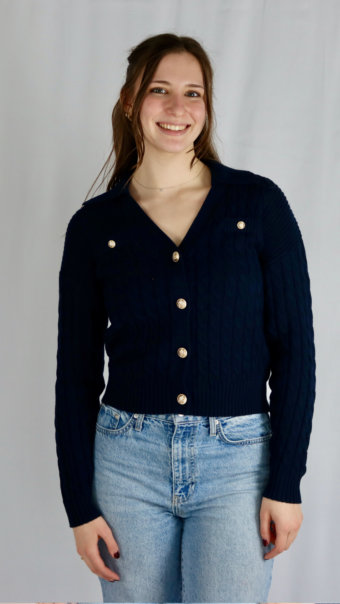 Navy with gold button cardigan