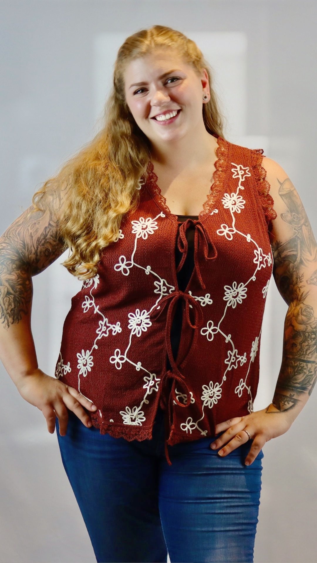 Plus size burgundy and white floral lace tie front vest 
