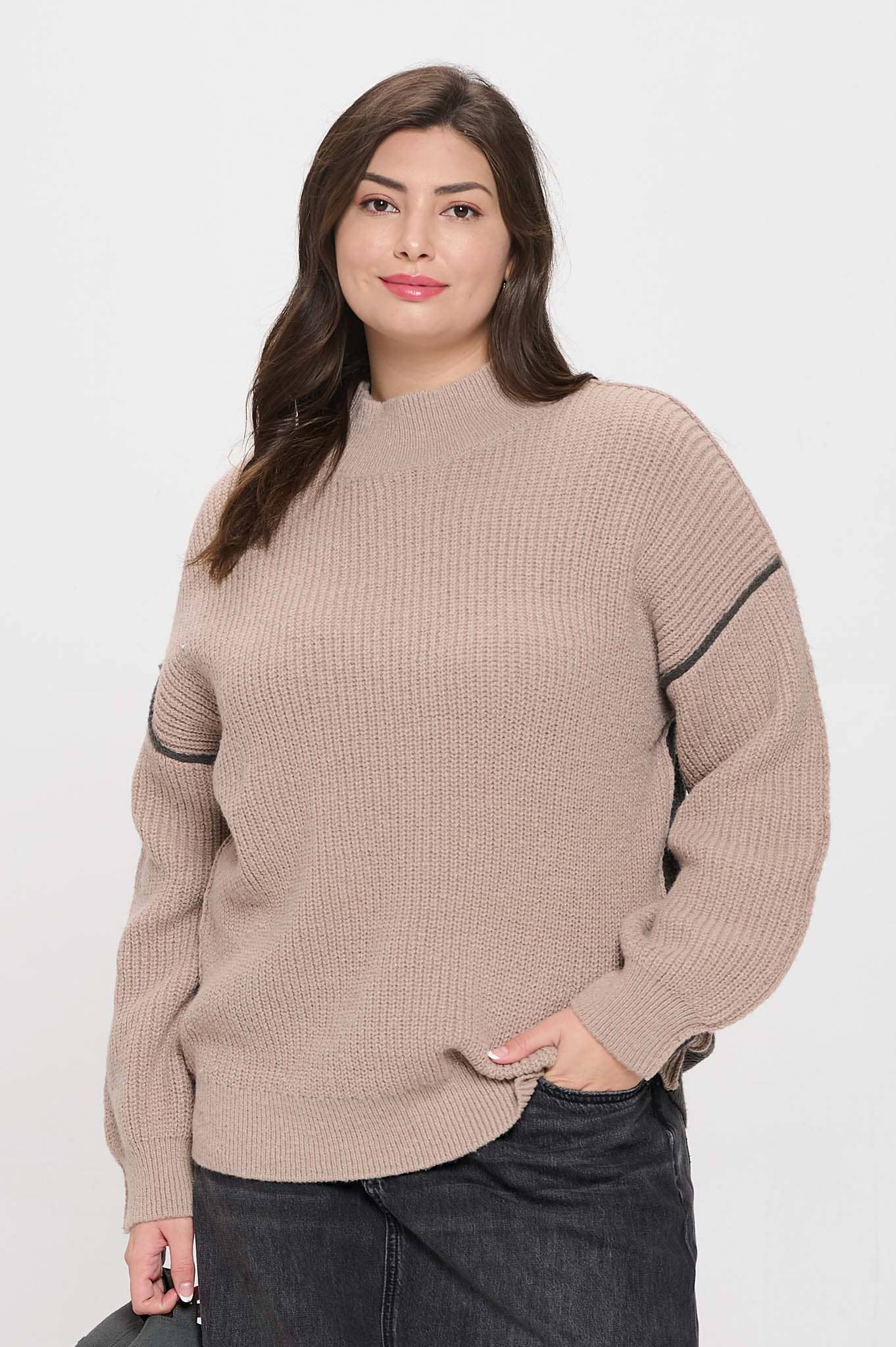 Plus-size colorblock mock neck sweater with exposed seams