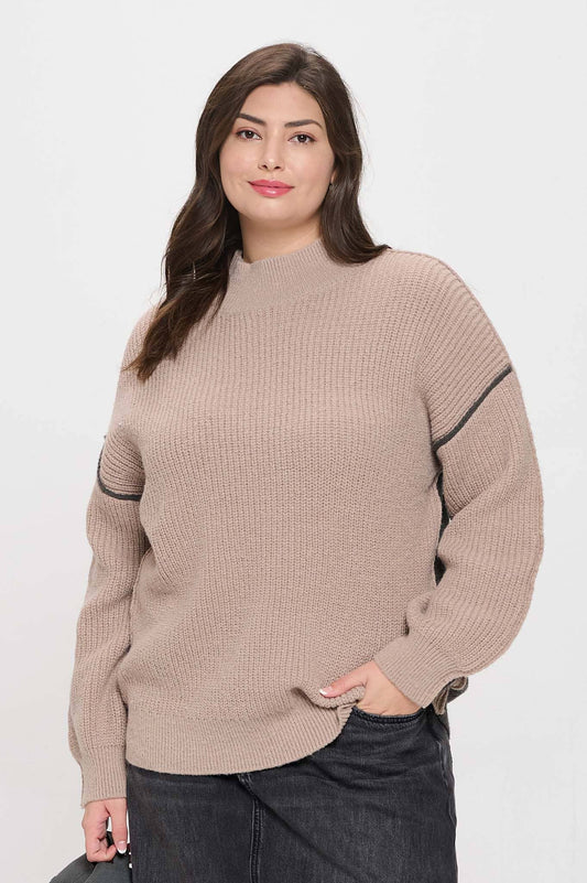 Plus-size colorblock mock neck sweater with exposed seams