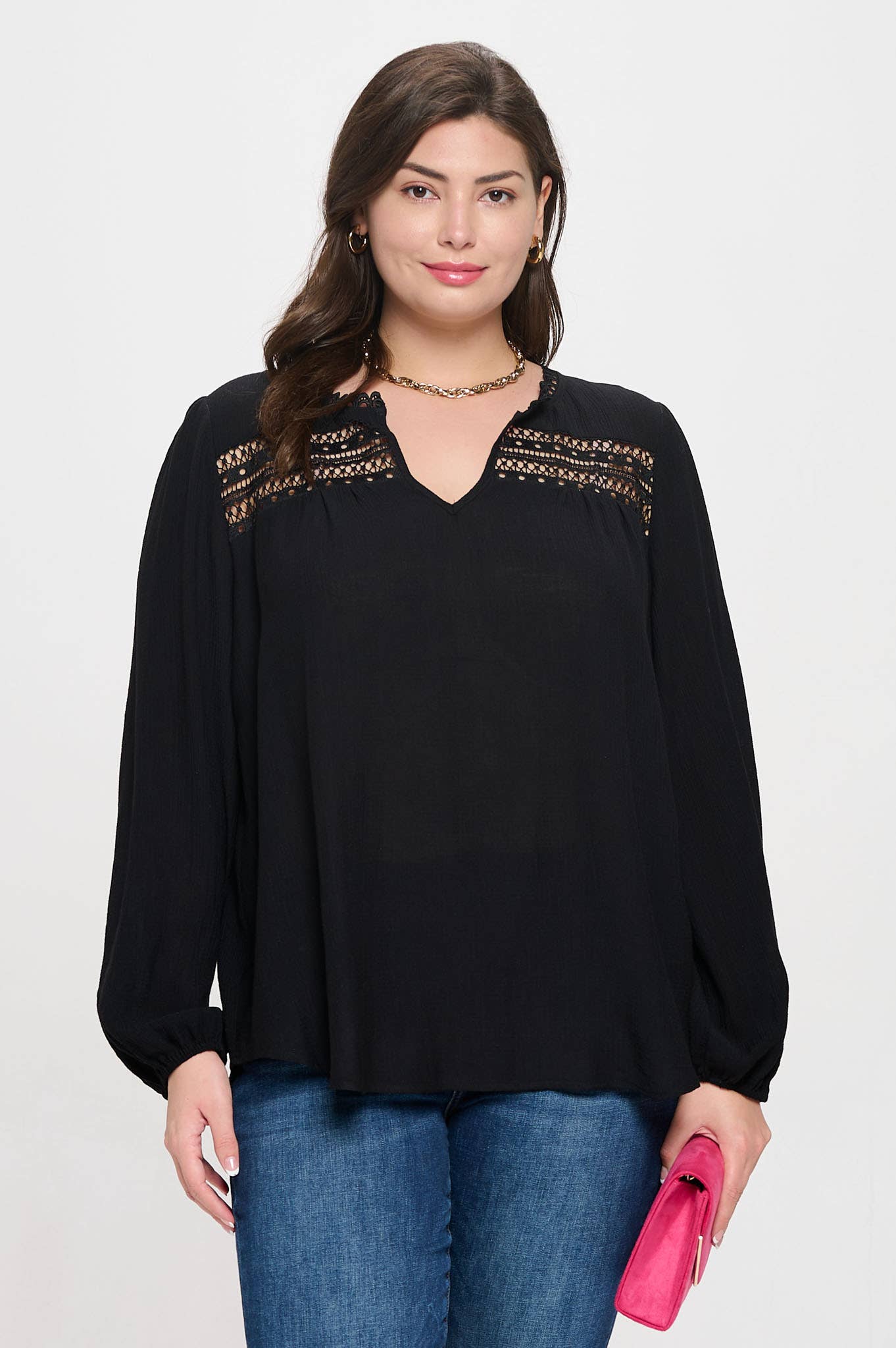 Plus size split neck eyelet trim long sleeve knit top for women