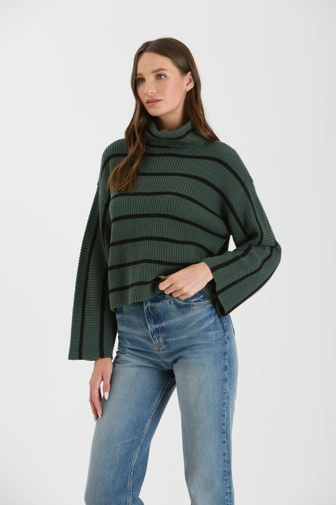 STRIPE TURTLENECK LONG WIDE SLEEVE KNIT SWEATER