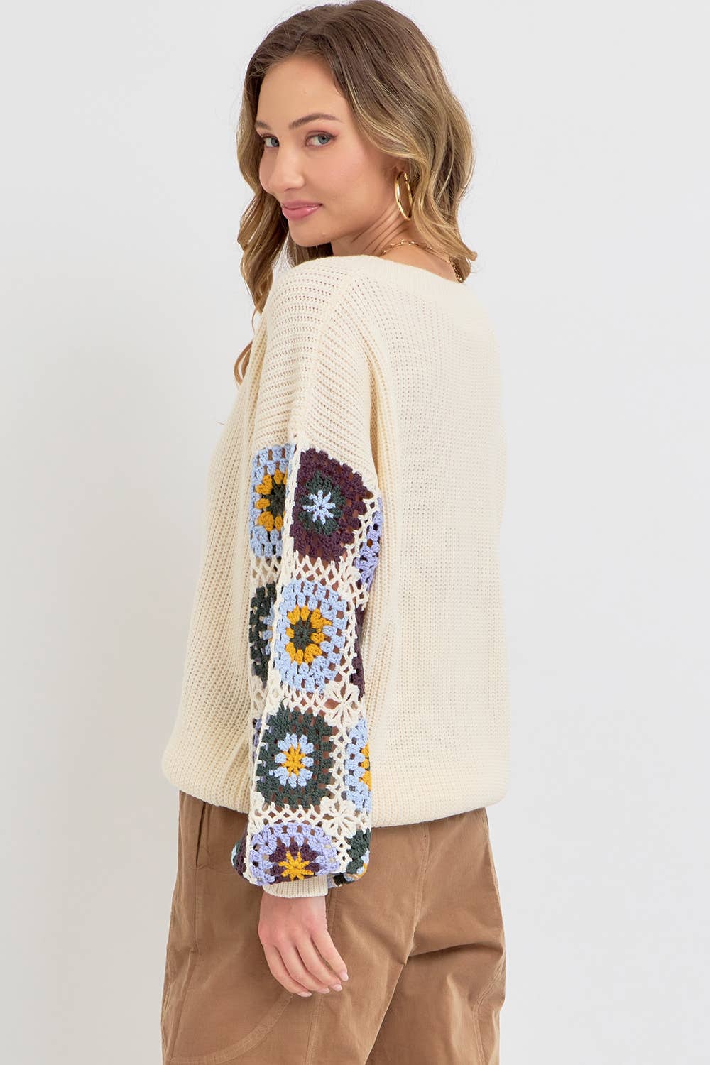 Boho Crochet Patchwork Sweater with textured knit and crochet sleeves