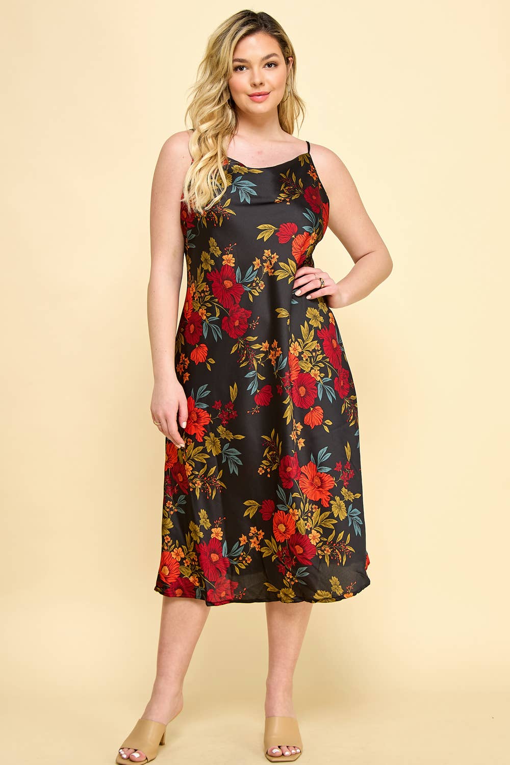 Plus Size Floral Satin Slip Midi Dress with adjustable straps