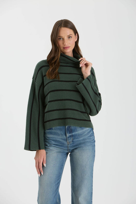 STRIPE TURTLENECK LONG WIDE SLEEVE KNIT SWEATER