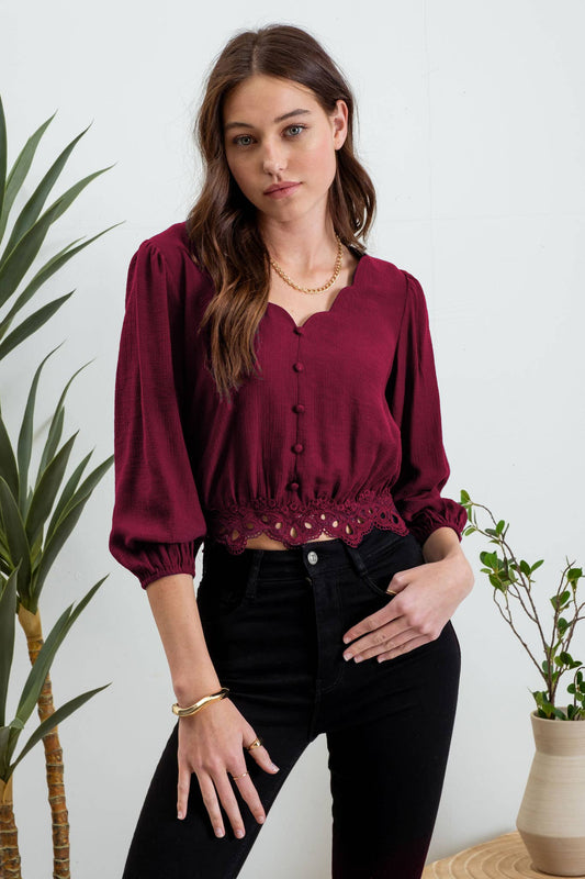 Scallop V Neck Lace Trim Crop Top with 3/4 sleeves and tie back