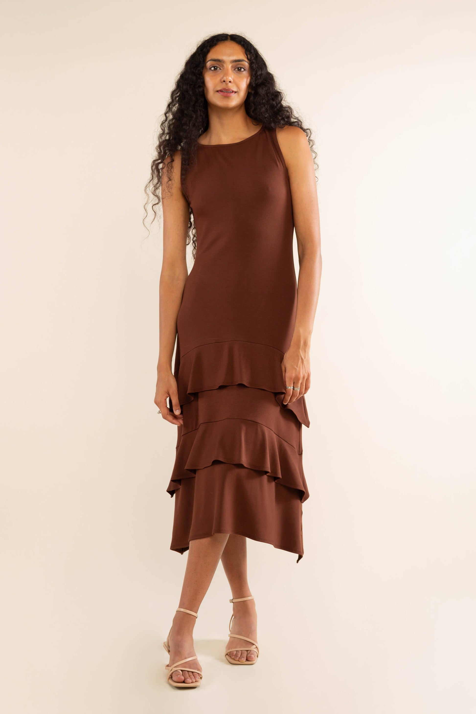 Feminine tiered ruffle dress with lightweight, flowy fabric