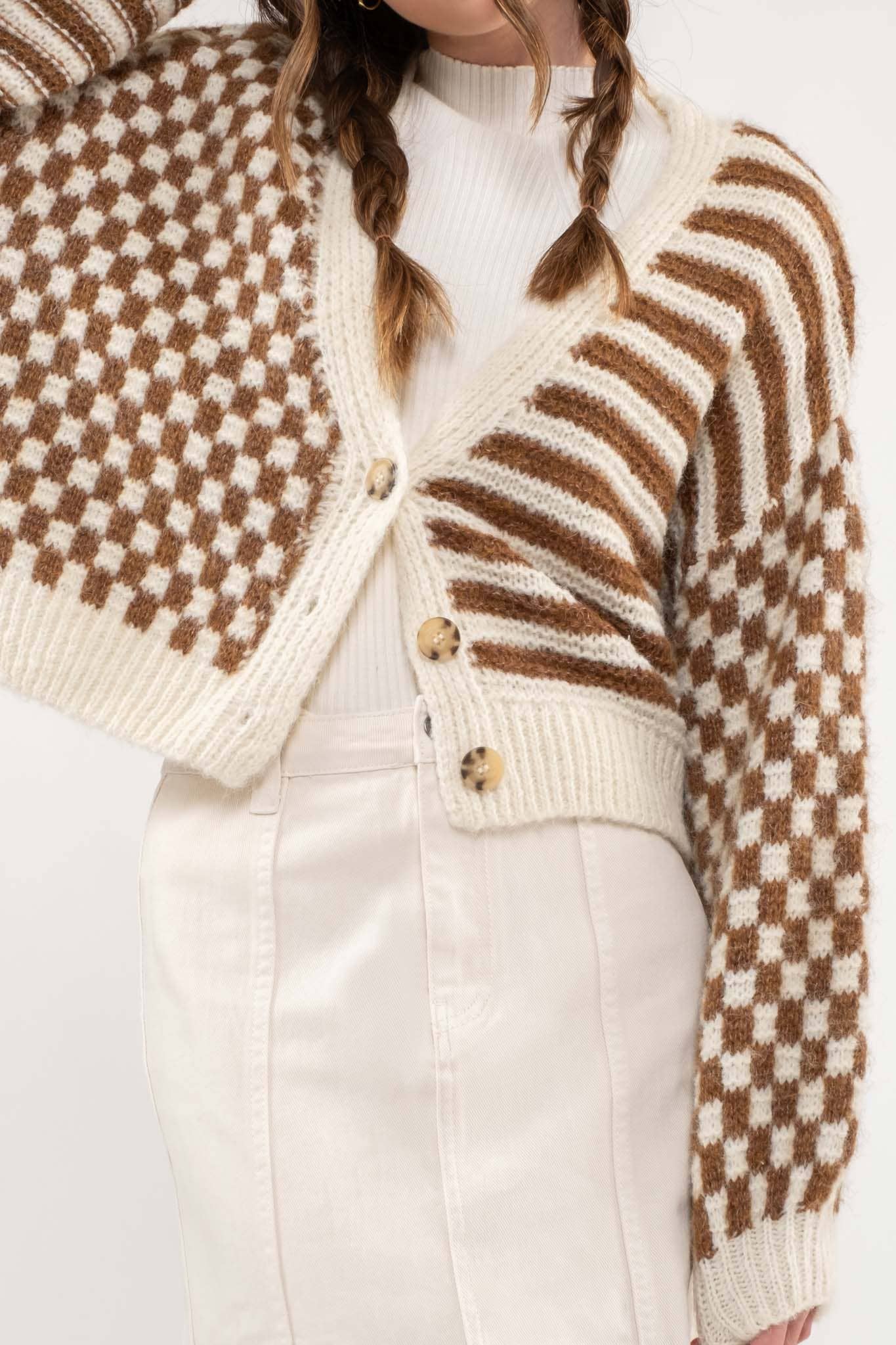 Stripe and checkered drop shoulder knit cardigan for women