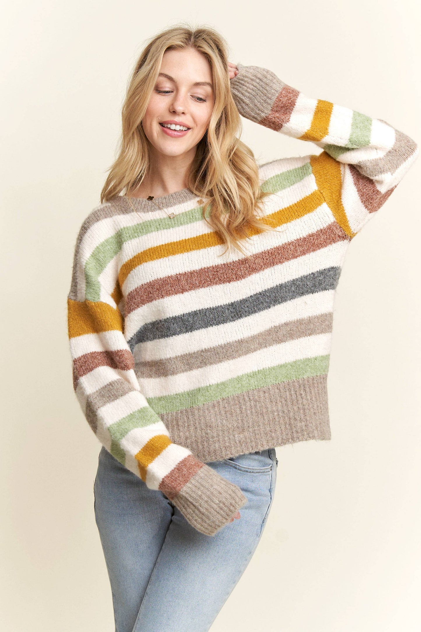 Cozy multicolor stripe sweater with vibrant knit fabric