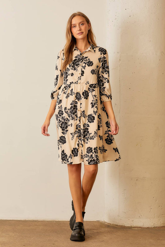 Black and white floral print tiered midi dress with button-up front