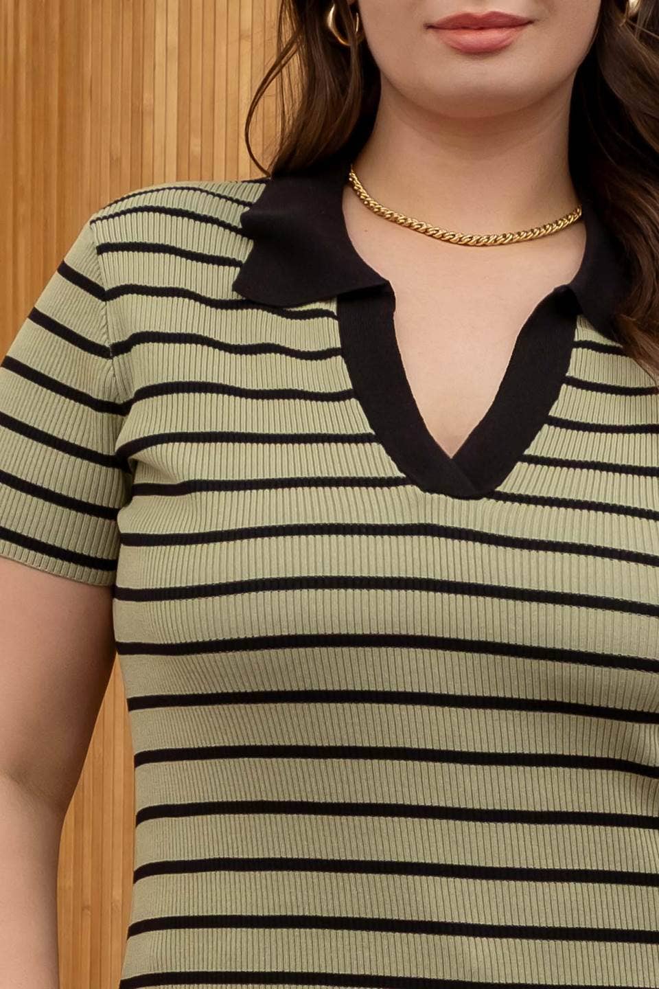 PLUS STRIPE COLLARED SHORT SLEEVE SWEATER KNIT TOP