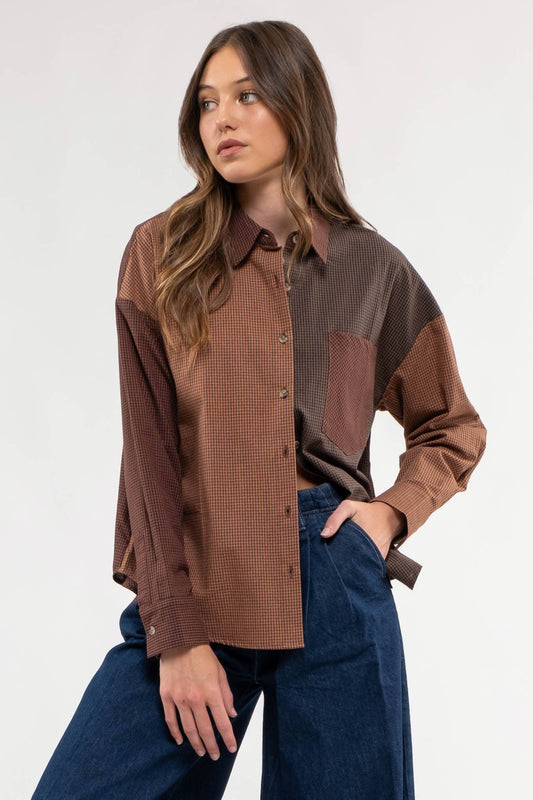 Plaid colorblock button-down top for layering and casual style