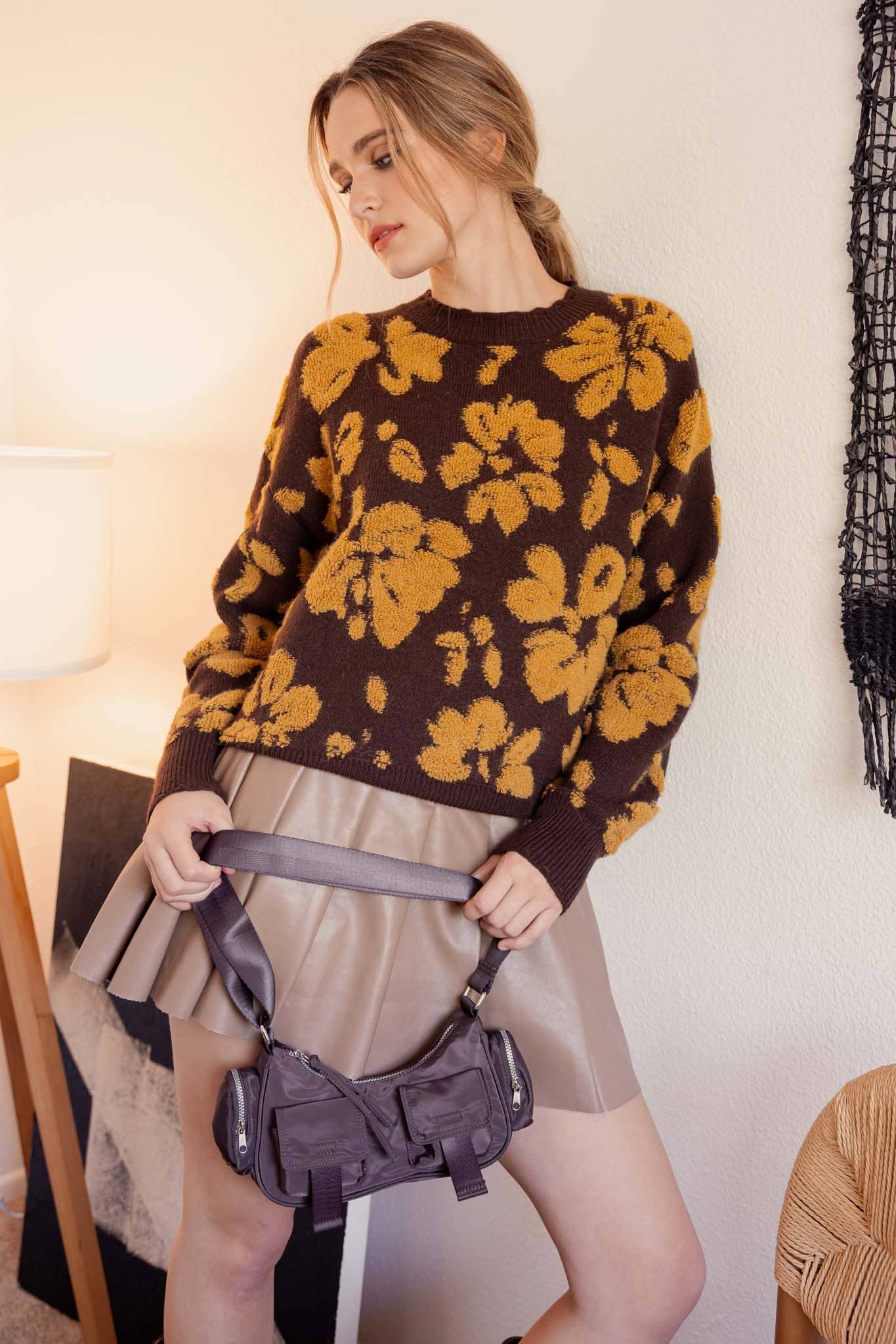 Cozy floral print distressed sweater for women’s casual wear