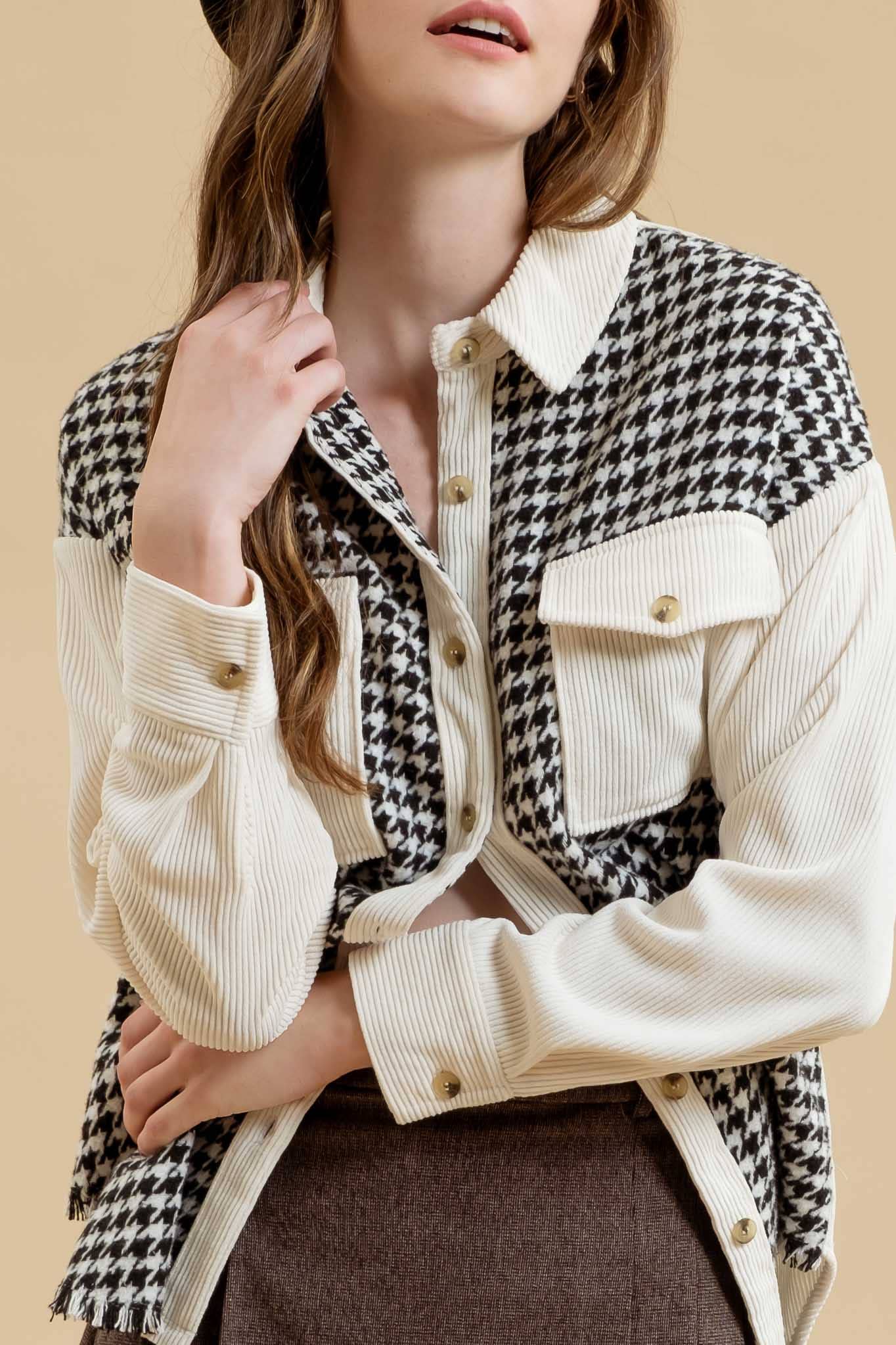 Colorblock houndstooth shacket, perfect for layering and casual wear