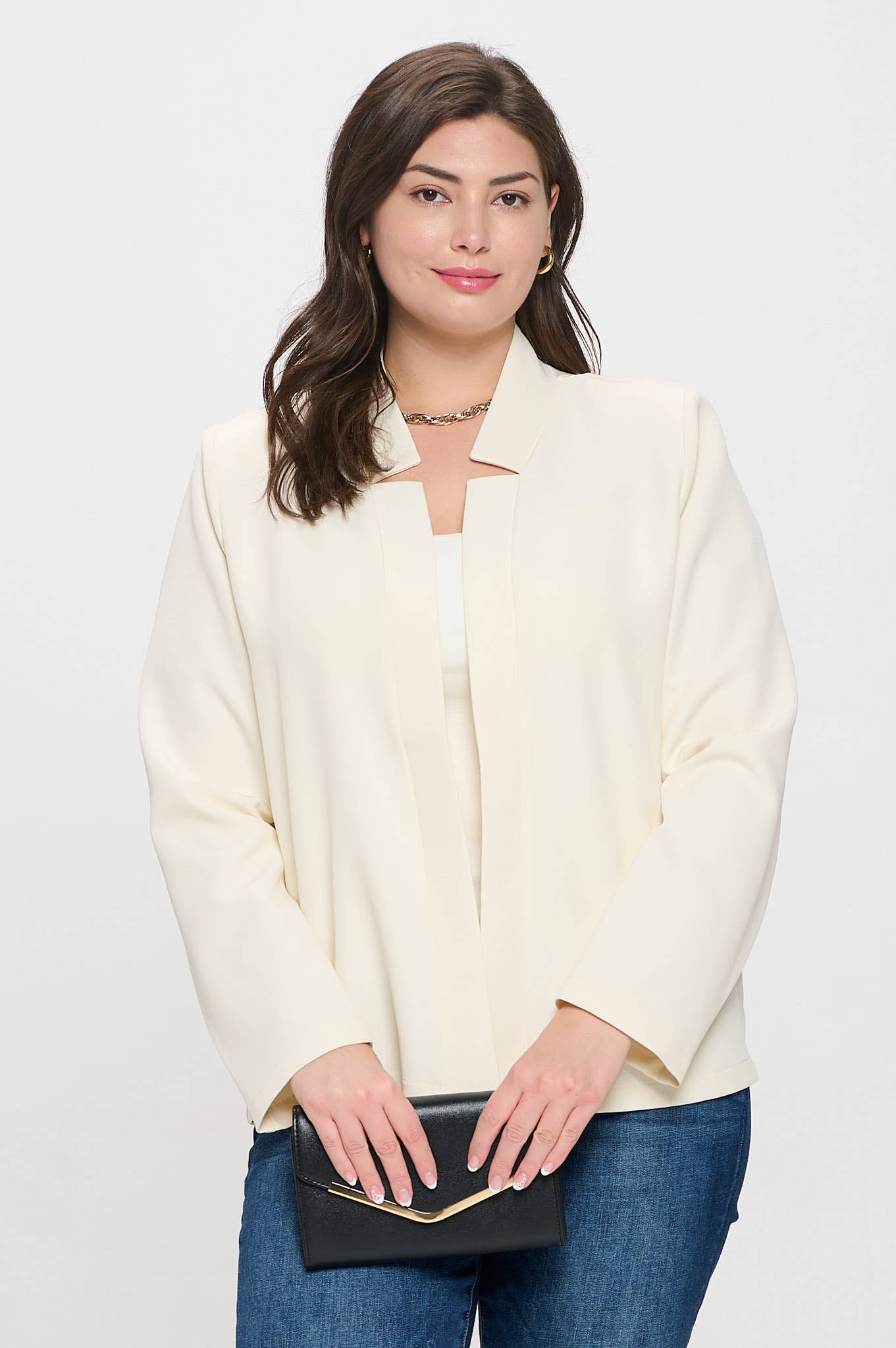 Plus-size notch collar long sleeve blazer for women’s style