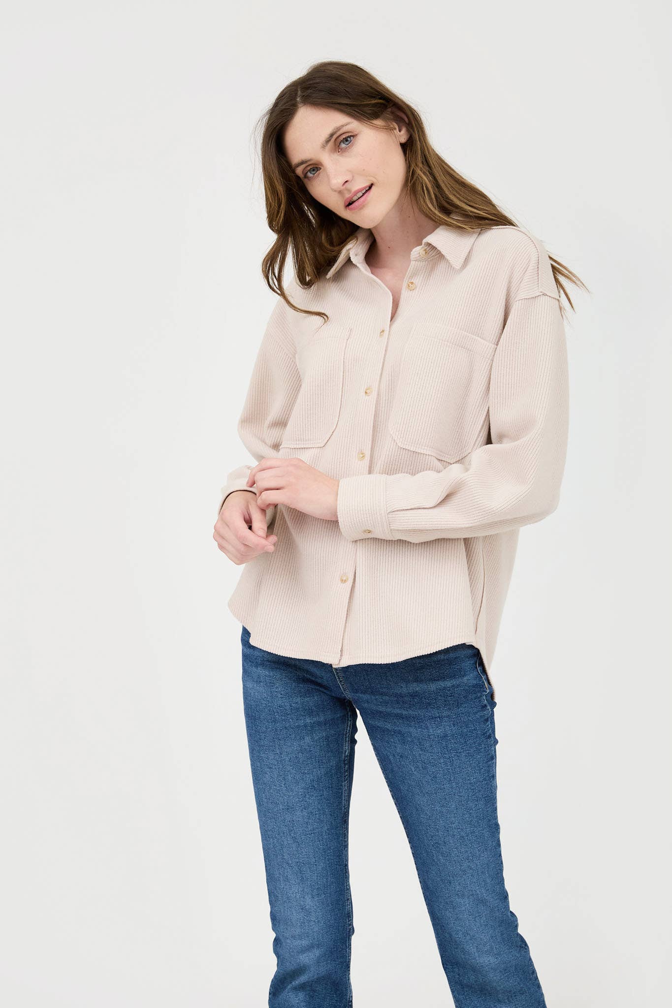 Rib knit exposed seam button-up top in light olive or oatmeal