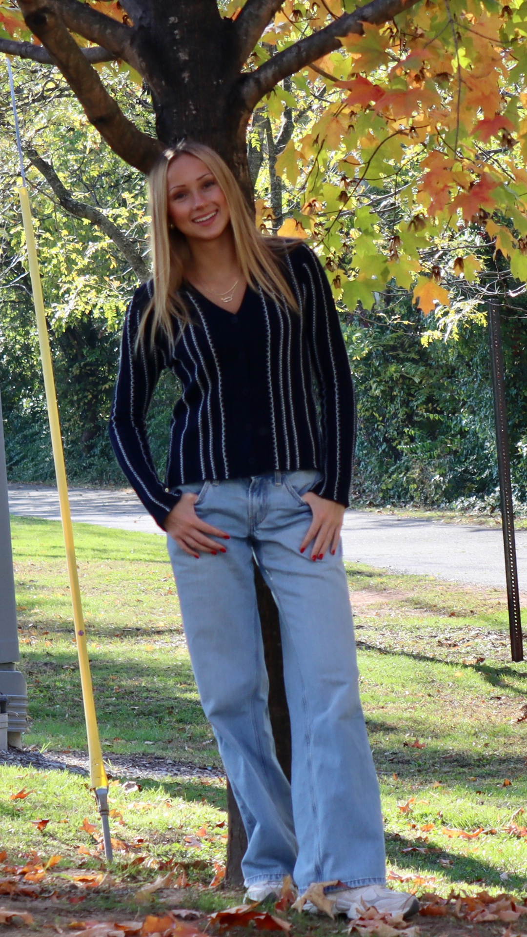 navy blue and white stripe cardigan